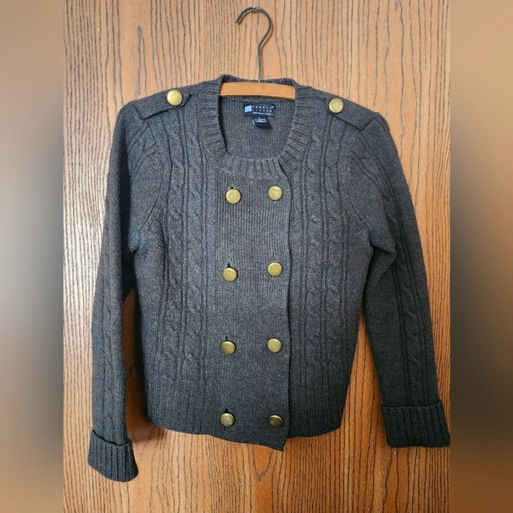 Carole Little Dark Green Knit 100% Merino Wool Size Small sweater button up
